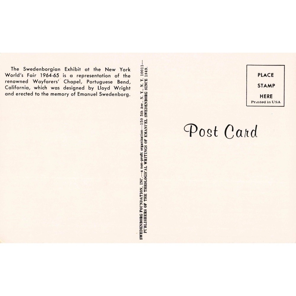 1964-1965 New York World's Fair Swedenborgian Exhibit Postcard Wayfarers Chapel - Picture 2 of 2